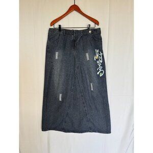 Vintage Y2k Style J Gray Cotton Painted Zig Zag Denim Maxi Skirt Size 14 Tall